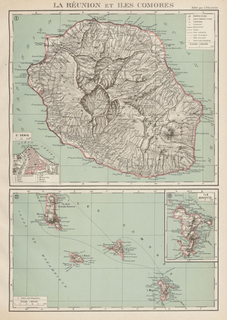 FRENCH INDIAN OCEAN ISLANDS La Réunion Comores/Comoros Mayotte St Denis 1929 map: La Réunion et Îles Comores. Inset: St Denis: Île Mayotte'. Commandant P. Pollacchi. Published 1929. Vintage atlas map. Size 36 x 26 cm | 14.0 x 10.0 inches. Condition: Good; suitable fo