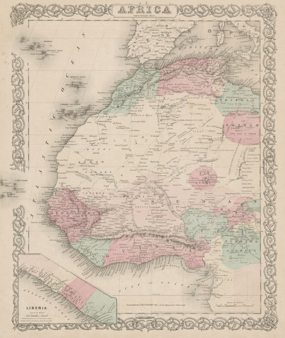 North west Africa. Liberia inset. Sahara Senegambia Guinea. COLTON 1863 map: Africa - north western sheet - Liberia' by Colton, Joseph Hutchins. Published 1863. Antique engraved hand coloured atlas map. Size 41 x 35 cm | 16.0 x 13.5 inches. Condition: Good; suitable for framin