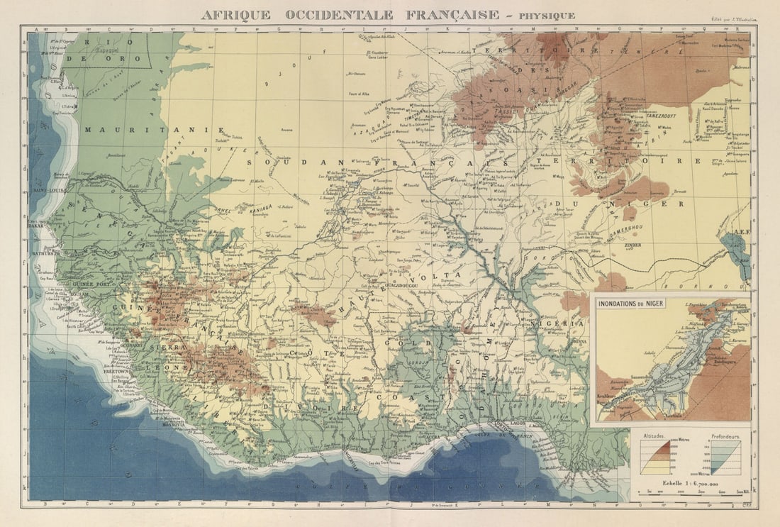 FRENCH WEST AFRICA. Afrique Occidentale Française. Plan of Niger floods 1931 map: Afrique Occidentale Française - Physique. Inset: Inondations du Niger'. Commandant P. Pollacchi. Published 1931. Vintage atlas map. Size 34 x 51 cm | 13.5 x 20.0 inches. Condition: Good; suitable
