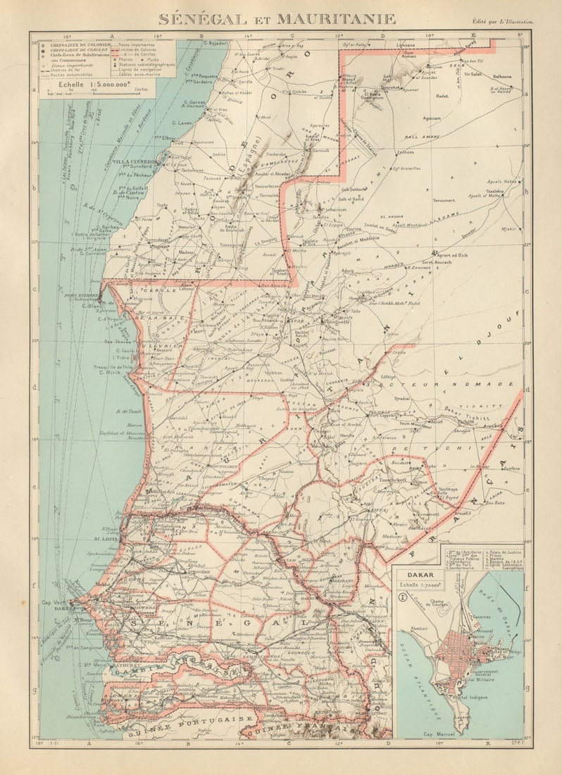 FRENCH WEST AFRICA. Senegal & Mauritanie/Mauritania. Dakar plan 1931 old map: Senegal et Mauritanie - Politique. Inset: Dakar'. Commandant P. Pollacchi. Published 1931. Vintage atlas map. Size 37 x 27 cm | 14.5 x 10.5 inches. Condition: Good; suitable for framing. The image sho