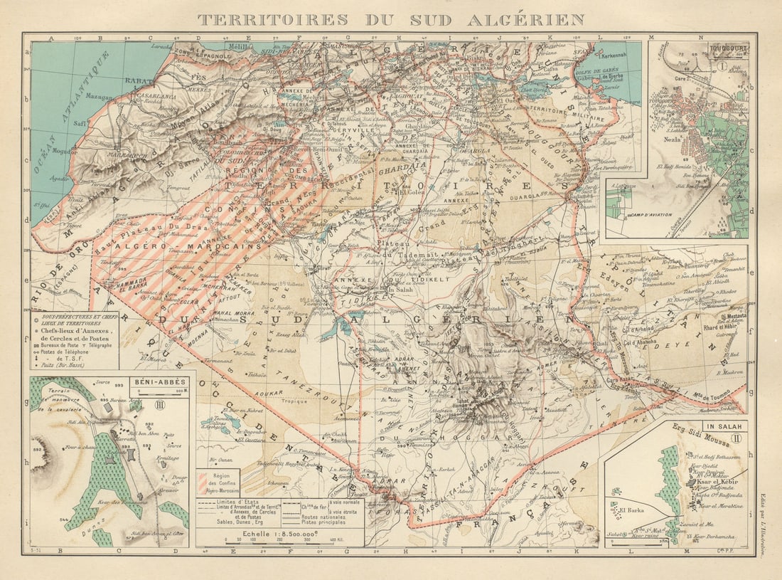FRENCH ALGERIA. Territoires sud Algerien. Béni-Abbès Touggourt In Salah 1931 map: Territoires du sud Algerien. Inset: Béni-Abbès; Touggourt; In Salah'. Commandant P. Pollacchi. Published 1931. Vintage atlas map. Size 27 x 36 cm | 10.5 x 14.0 inches. Condition: Good; suita