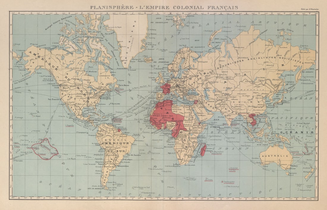 FRENCH EMPIRE Colonial Français. French West/Equatorial Africa &c 1931 old map: Planisphere - l'Empire Colonial Français'. Commandant P. Pollacchi. Published 1931. Vintage atlas map. Size 35 x 55 cm | 14.0 x 21.5 inches. Condition: Good; suitable for framing. The image shown