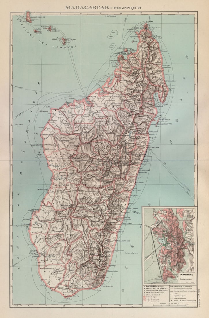 COLONIAL MADAGASCAR. Tananarive/Antananarivo city plan. Comoros Mayotte 1931 map: Madagascar - Politique. Inset: Tananarive'. Commandant P. Pollacchi. Published 1931. Vintage atlas map. Size 53 x 35 cm | 21.0 x 13.5 inches. Condition: Good; suitable for framing. The image shown may