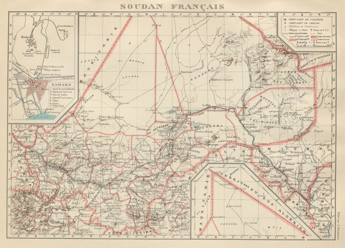 FRENCH SUDAN (Now Mali). Soudan Français. Bamako city plan de la ville 1931 map: Soudan Français. Inset: Bamako'. Commandant P. Pollacchi. Published 1931. Vintage atlas map. Size 26 x 36 cm | 10.0 x 14.0 inches. Condition: Good; suitable for framing. The image shown may have