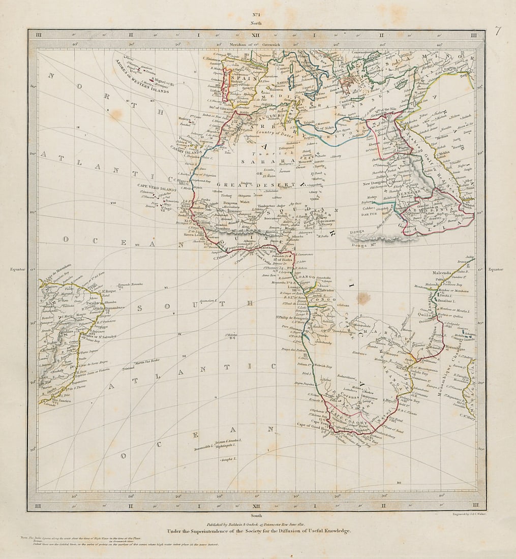 AFRICA Brazil Atlantic Gnomonic Projection Mountains of Kong SDUK 1844 old map (1 of 1)