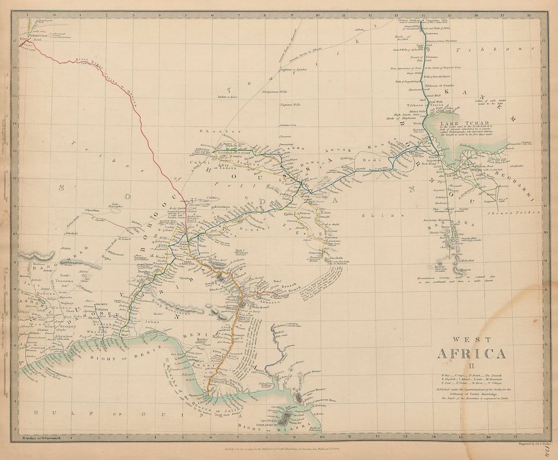 NIGERIA early explorers' routes. Lake Chad. Yariba Houssa Borgou SDUK 1844 map: WEST AFRICA, II., Central: Bight of Benin to Lake Tchad'. The map shows the routes followed by early explorers including Clapperton, Oudney, Denham, Park & Lander. by S.D.U.K. - Society for the Di