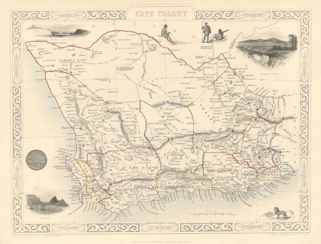CAPE COLONY. Cape Town / Grahamstown views. South Africa. RAPKIN/TALLIS 1851 map: Cape Colony'. Vignettes: The Entrance to the Knysna; Graham's Town; Cape Town; Lion . Map drawn and engraved by J. Rapkin; vignette illustrations drawn by H Warren & engraved by H Bond. Published by J