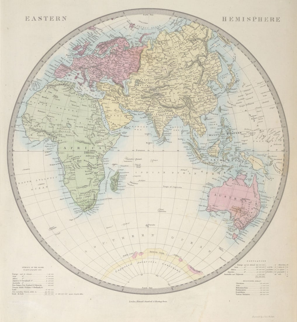 EASTERN HEMISPHERE Europe Africa Asia Supposed Antarctic Continent SDUK 1857 map: EASTERN HEMISPHERE'. The map shows an incomplete coastline of New Guinea, the non-existent Mountains of Kong in West Africa, and small parts of the Antarctic coastline which had been discovered by the