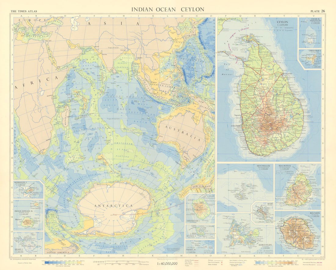 Indian Ocean islands. Ceylon Seychelles Mauritius Reunion. TIMES 1959 old map: Indian ocean // Ceylon // Rodriguez island // Prince Edward island // Heard island // Cocos (Keeling) island // Christmas island // Seychelles // Mauritius // Mahé // Kerguelen // Réunion'.