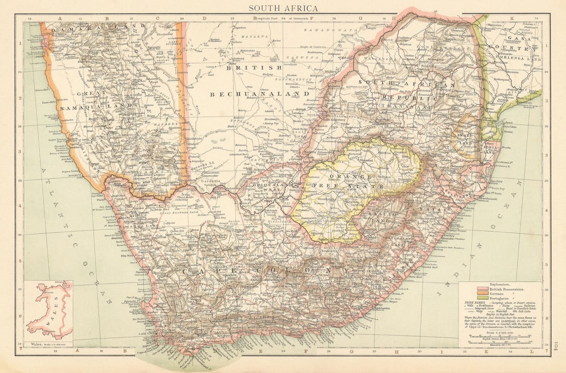 Colonial Southern Africa. Namaqua-Land Bechuanaland. Cape Colony. TIMES 1895 map: South Africa' by Times, The. Published 1895. Antique colour atlas map. Size 27 x 39 cm | 10.5 x 15.5 inches. Condition: Good; suitable for framing. Please check the scan for any blemishes prior to mak