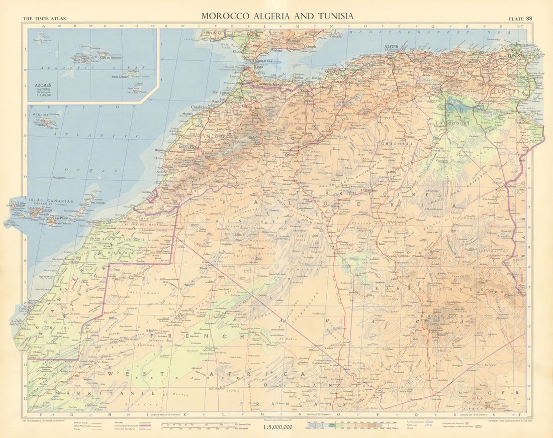 Morocco Algeria. French & Spanish West Africa. Sahara sand dunes. TIMES 1956 map: Morocco // Algeria // Tunisia // Azores'. John Bartholomew & son. Published 1956. Vintage coloured map. Size 48 x 61 cm | 18.5 x 24.0 inches. Condition: Good; suitable for framing. Please check the sc