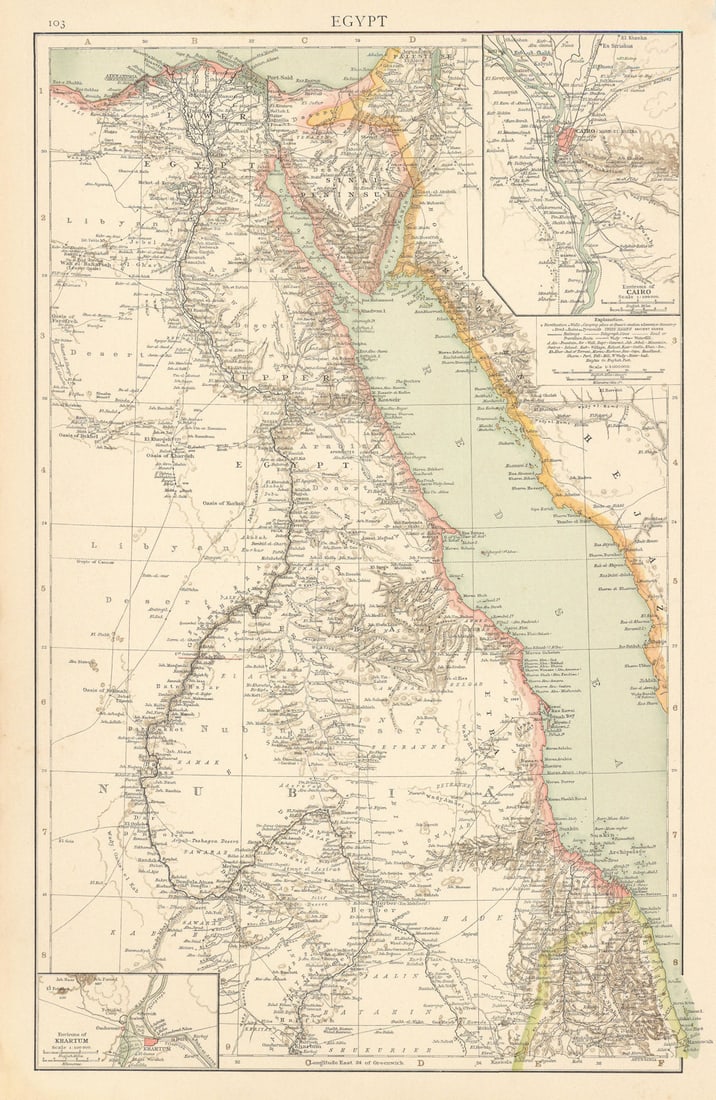 Egypt. Nile Valley. Khartoum & Cairo environs. Red Sea. THE TIMES 1895 old map: Egypt' by Times, The. Published 1895. Antique colour atlas map. Size 40 x 26 cm | 15.5 x 10.0 inches. Condition: Good; suitable for framing. Please check the scan for any blemishes prior to making you