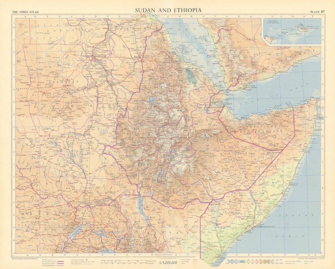 Horn of Africa. Sudan. Ethiopian Eritrea. Somaliland Protectorate TIMES 1956 map: Sudan and Ethiopia'. John Bartholomew & son. Published 1956. Vintage coloured map. Size 48 x 59 cm | 18.5 x 23.0 inches. Condition: Good; suitable for framing. Please check the scan for any blemishes