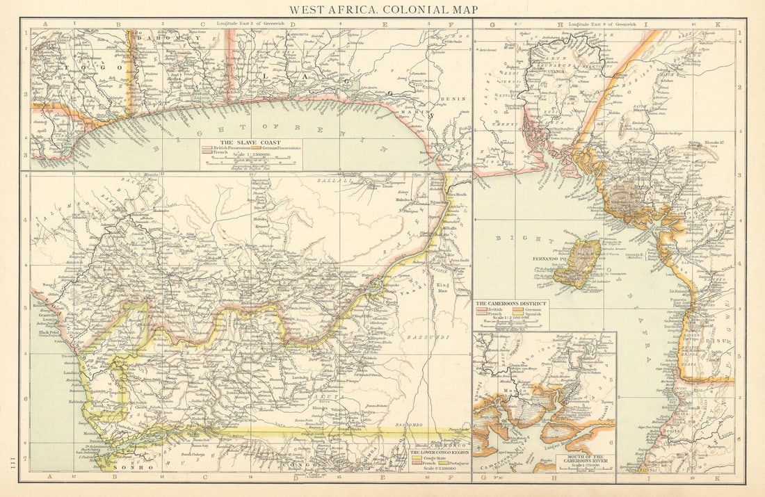 Colonial West Africa. Nigeria Cameroon Congo. British German. TIMES 1895 map: West Africa, Colonial map' by Times, The. Published 1895. Antique colour atlas map. Size 26 x 39 cm | 10.0 x 15.0 inches. Condition: Good; suitable for framing. Please check the scan for any blemishes
