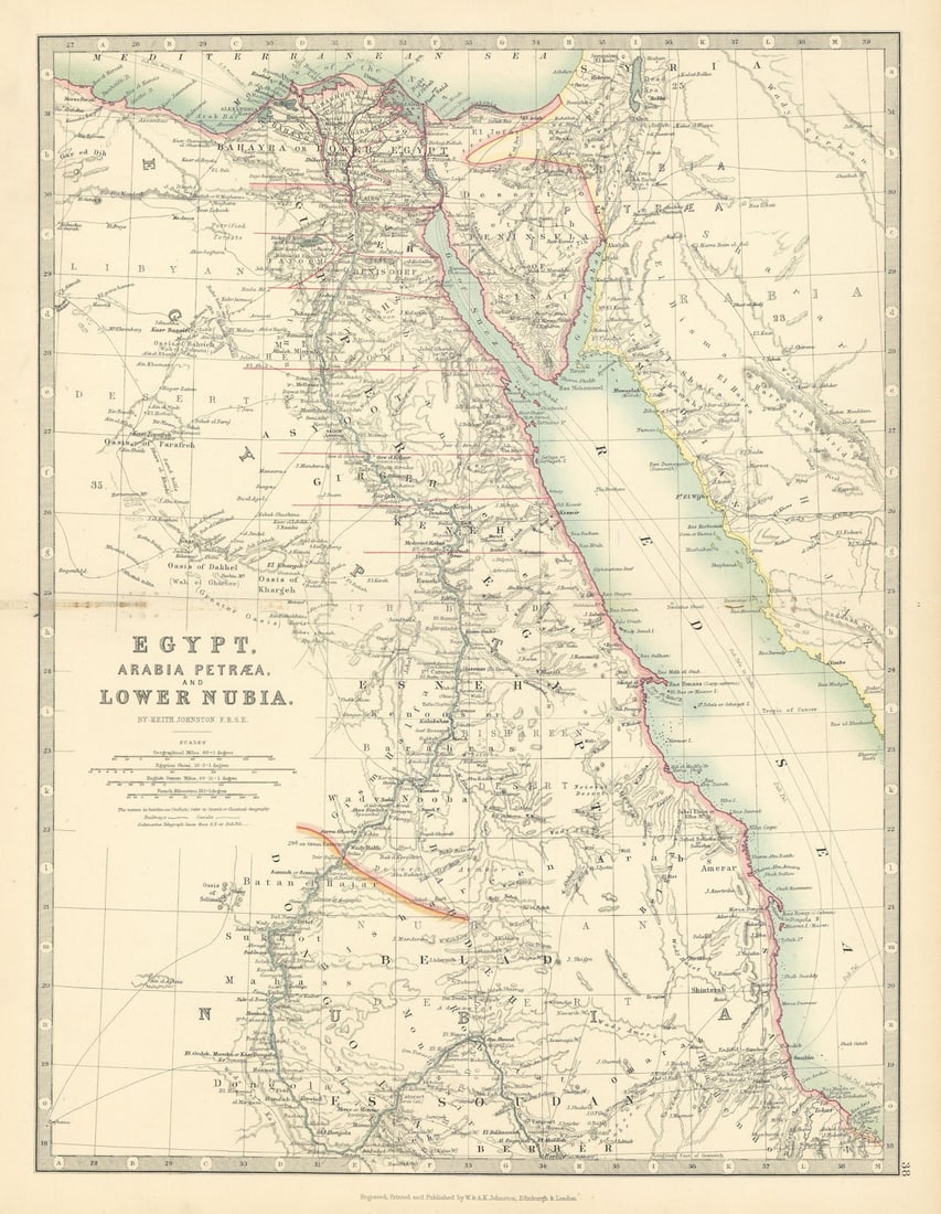 NILE VALLEY Egypt, Arabia Petraea and Lower Nubia Divisions JOHNSTON 1897 map: Egypt, Arabia Petraea, and Lower Nubia' by Johnston, W & AK. Published 1897. Antique colour map. Size 46 x 36 cm | 18.0 x 14.0 inches. Condition: Good; suitable for framing. Light spotting. Please che