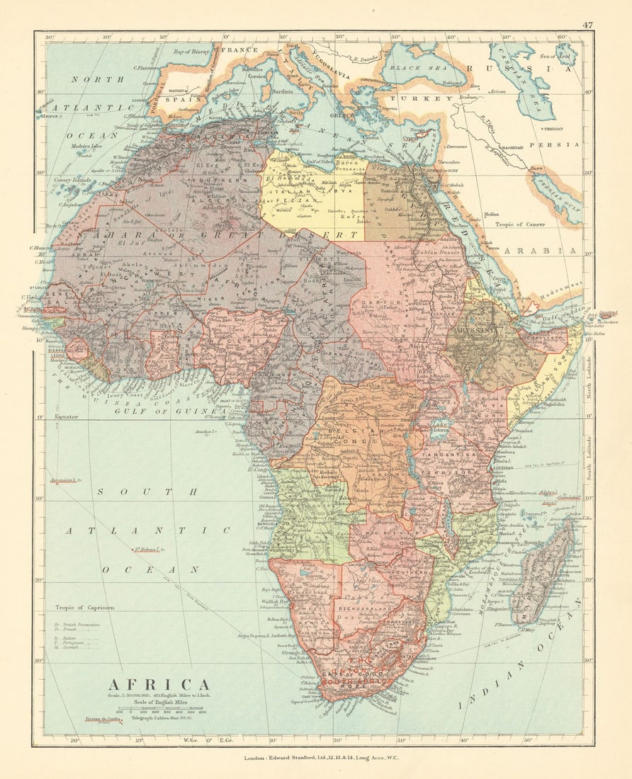 Africa. French West/Equatorial. Tanganyika Belgian Congo. STANFORD c1925 map: Africa'. Edward Stanford Ltd.. Published c1925 - The map is undated; we estimate publication at either 1924 or 1925 based on the content of the maps within the atlas within which it was published. Ant