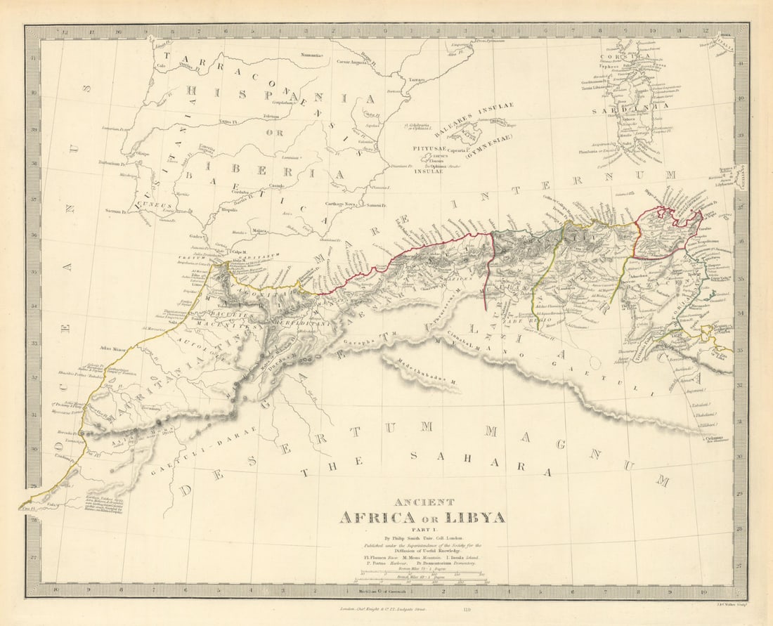 ANCIENT NORTH AFRICA. Mauritania Byzacium Morocco Algeria Tunisia. SDUK 1851 map: ANCIENT AFRlCA OR LIBYA, PART I. [Mauritania to Byzacium] by S.D.U.K. - Society for the Diffusion of Useful Knowledge. Published 1851. Antique steel engraved map with original outline hand colouring.