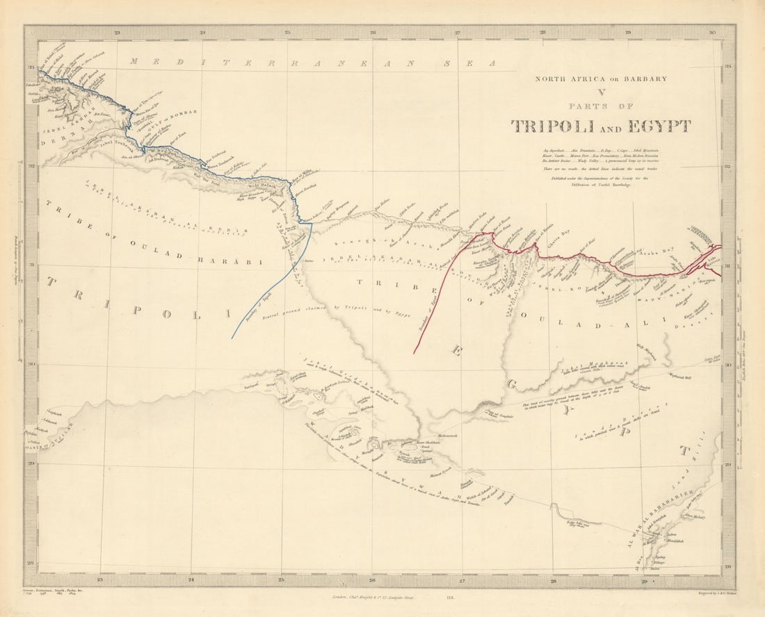 NORTH AFRICA OF BABRBARY V Parts of Tripoli & Egypt. Libya Tribes. SDUK 1851 map: NORTH AFRICA OR BARBARY, V., PARTS OF TRIPOLI AND EGYPT'. Cartography by Smyth 1817, Horneman 1798, Pacho 1825, Browne 1792; engraved by J & C Walker. Published 1851. Antique steel engraved map with o