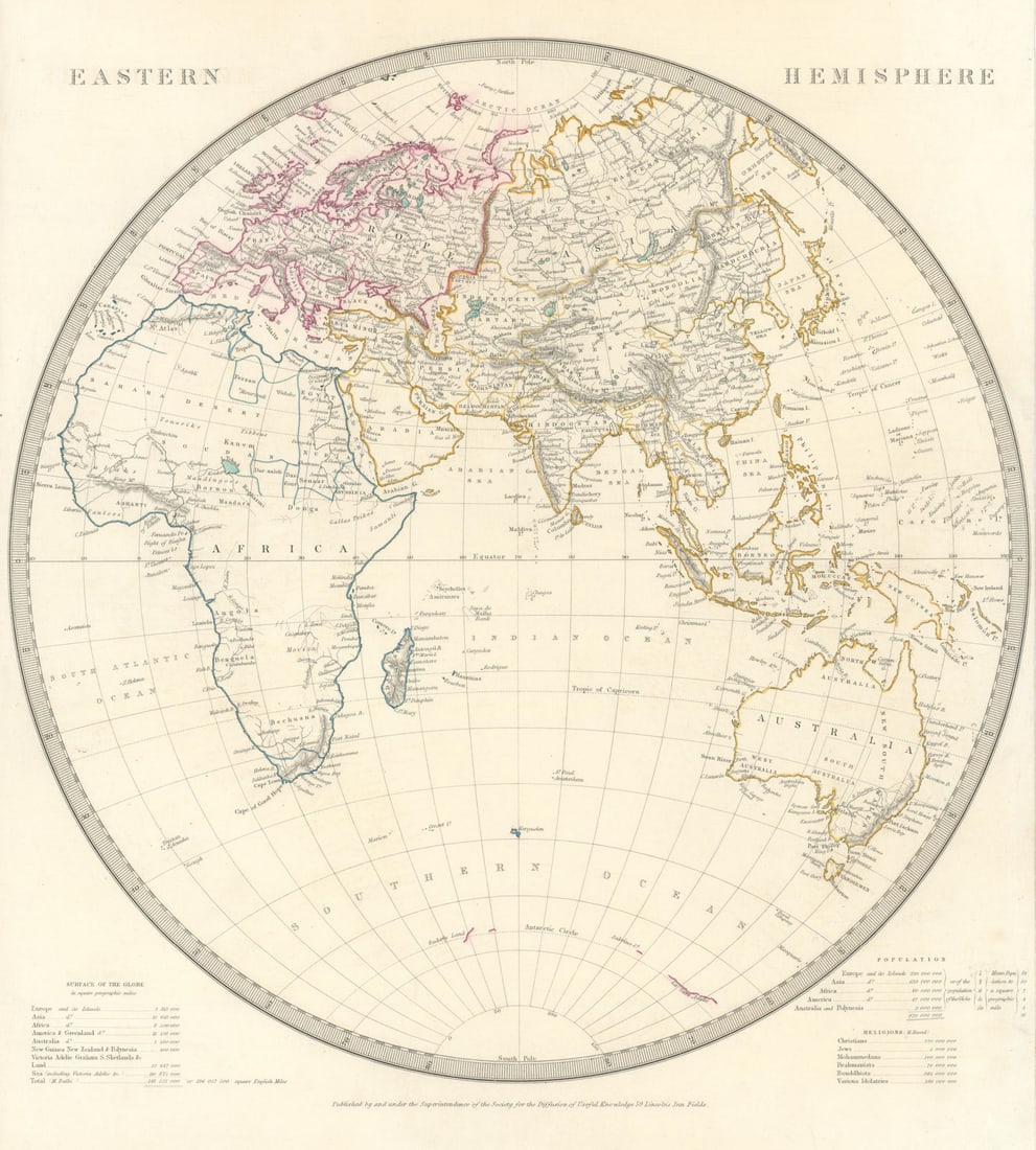 EASTERN HEMISPHERE Europe Africa.Mountains of Kong.Asia Australia.SDUK 1844 map (1 of 1)