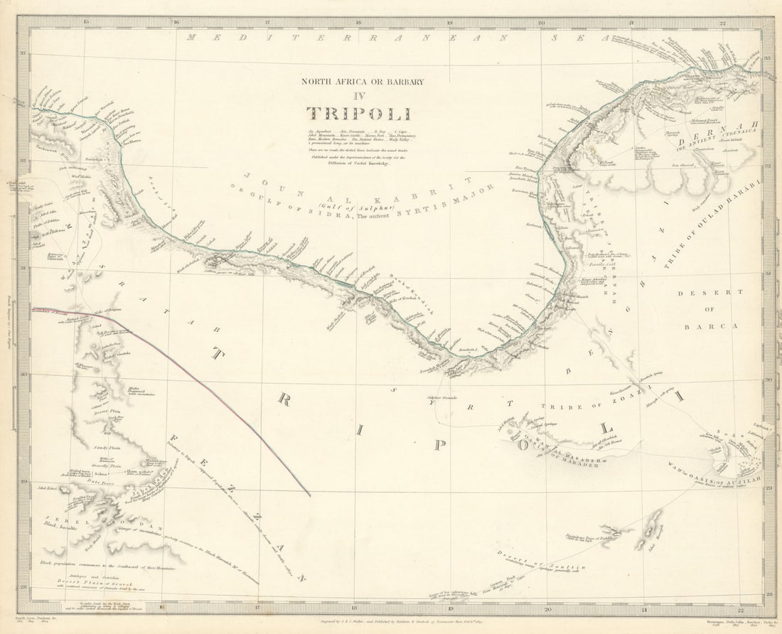 LIBYA.GULF OF SIDRA SIRTE. North Africa or Barbary.Tripoli Fezzan.SDUK 1844 map: NORTH AFRICA OR BARBARY, IV., TRIPOLI'. Cartography by Smyth, Lyon, Denham &c; engraved by J & C Walker. Published 1844 - This map was originally published by Baldwin & Cradock in 1837; this date is p