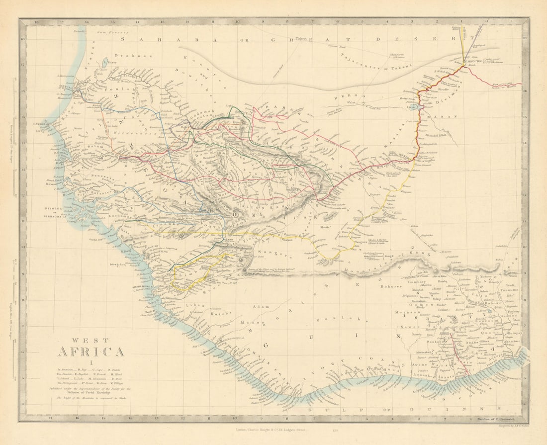 WEST AFRICA I Explorers' routes Senegal Ashanti Ivory Gold Coast. SDUK 1851 map: WEST AFRICA, I., [Senegal River to Cape St Paul]. The map shows the routes followed by the explorers Caillie, Laing, O'Byrne, Winterbottom, Campbell, Mollien, Beaufort, Dochard, Park & Gray. Marke