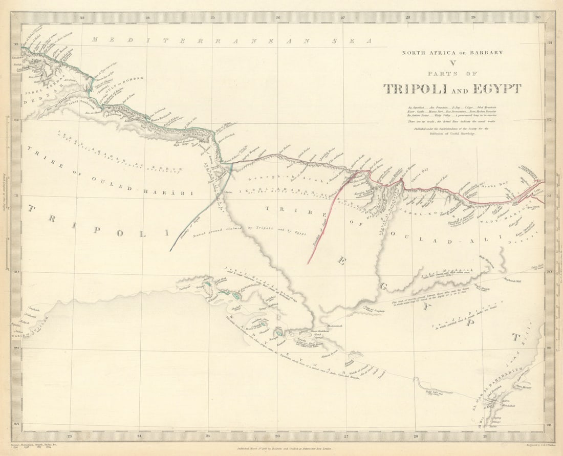 NORTH AFRICA BARBARY. Parts of Tripoli (Libya) & Egypt. Tribes. SDUK 1844 map: NORTH AFRICA OR BARBARY, V., PARTS OF TRIPOLI AND EGYPT'. Cartography by Smyth, Horneman, Pacho, Brown; engraved by J & C Walker. Published 1844 - This map was originally published by Baldwin & Cradoc