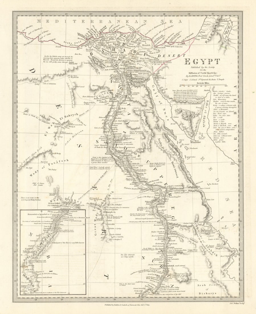 EGYPT. Nile valley. Original outline colour. SDUK 1844 old antique map chart: EGYPT' by S.D.U.K. - Society for the Diffusion of Useful Knowledge. Published 1844 - This map was originally published by Baldwin & Cradock in 1831; this date is printed on the map. This edition of th