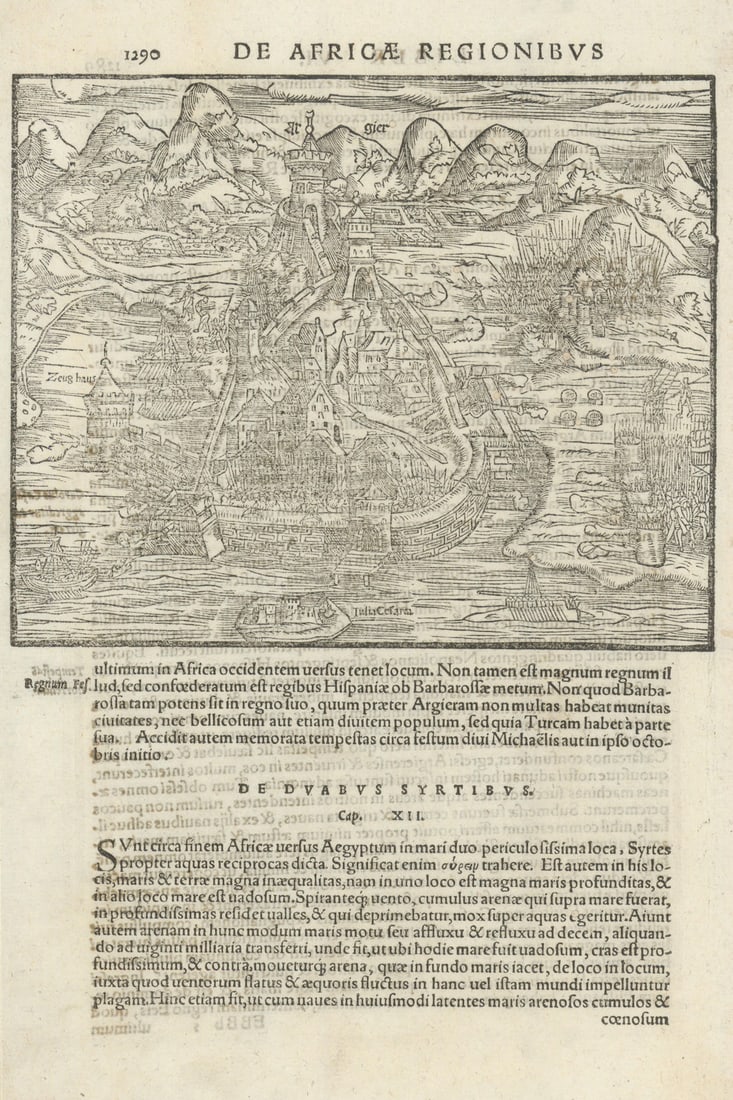 Algier. A bird's eye view of Algiers, Algeria. SEBASTIAN MÜNSTER 1572 old map: Algier [A bird's eye view of Algiers] by Münster, Sebastian. Published 1572. Antique 16th century woodcut map. Size 28 x 19 cm | 11.0 x 7.5 inches. Condition: Good; suitable for framing. Several