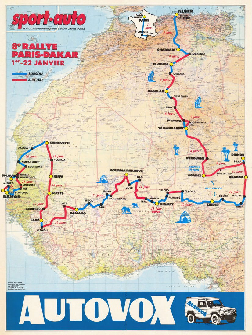 Sport-Auto 8e Rallye Paris-Dakar - Autovox. 56 x 42 cm poster route map 1986: Sport-auto 8e Rallye Paris-Dakar 1er-22 Janvier - Autovox' by Bartholomew, John. Published 1986. Vintage automotive rally race map. Size 56 x 42 cm | 22.0 x 16.5 inches. Condition: Good; suitable for