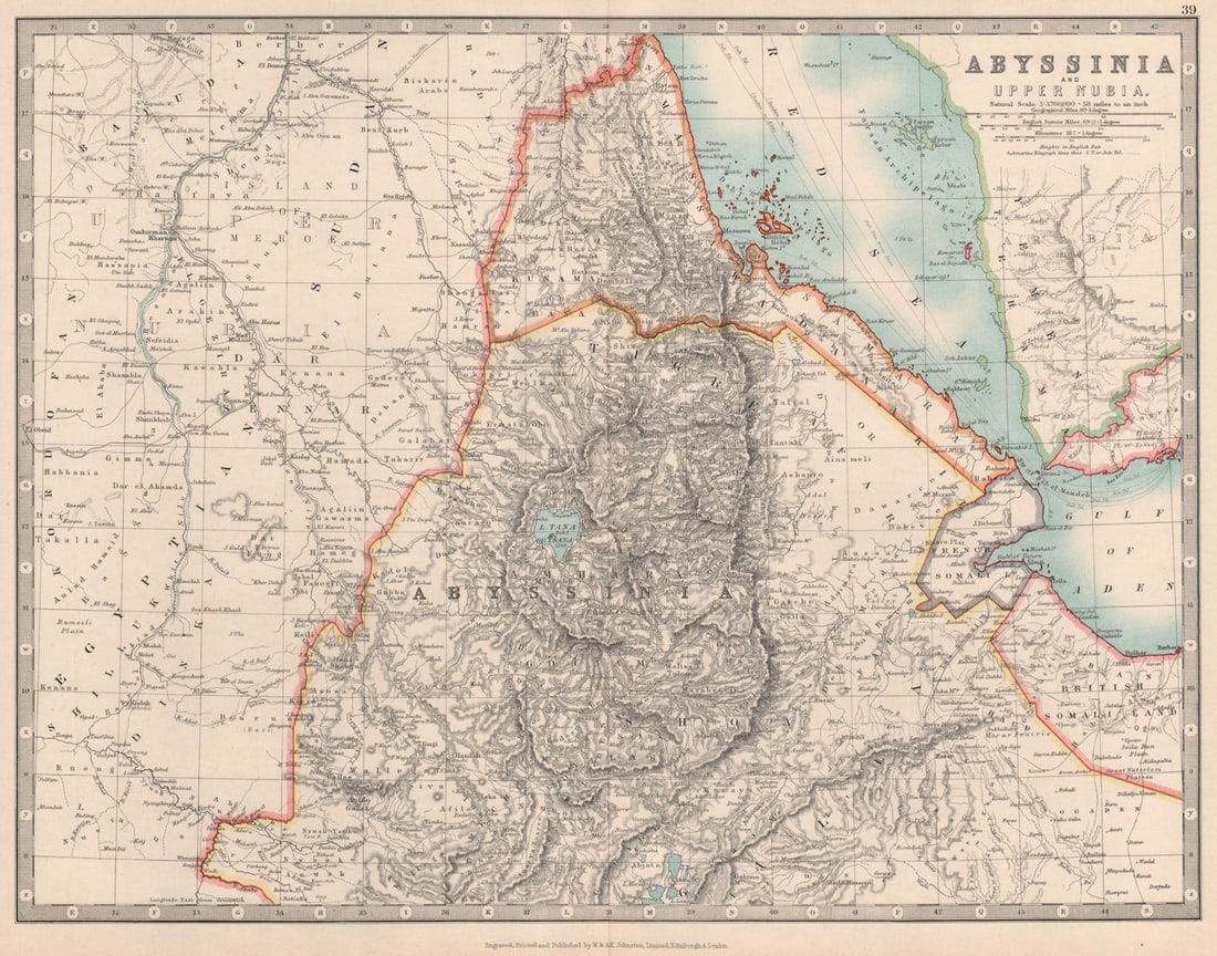ABYSSINIA & UPPER NUBIA. Ethiopia Erirtrea French Somaliland. JOHNSTON 1912 map: Abyssinia and Upper Nubia'. W. & A.K. Johnston, Limited, Edinburgh & London. Published 1912. Antique colour atlas map. Scale 1: 3,700,000. Size 35 x 44 cm | 13.5 x 17.5 inches. Condition: Good; suitab