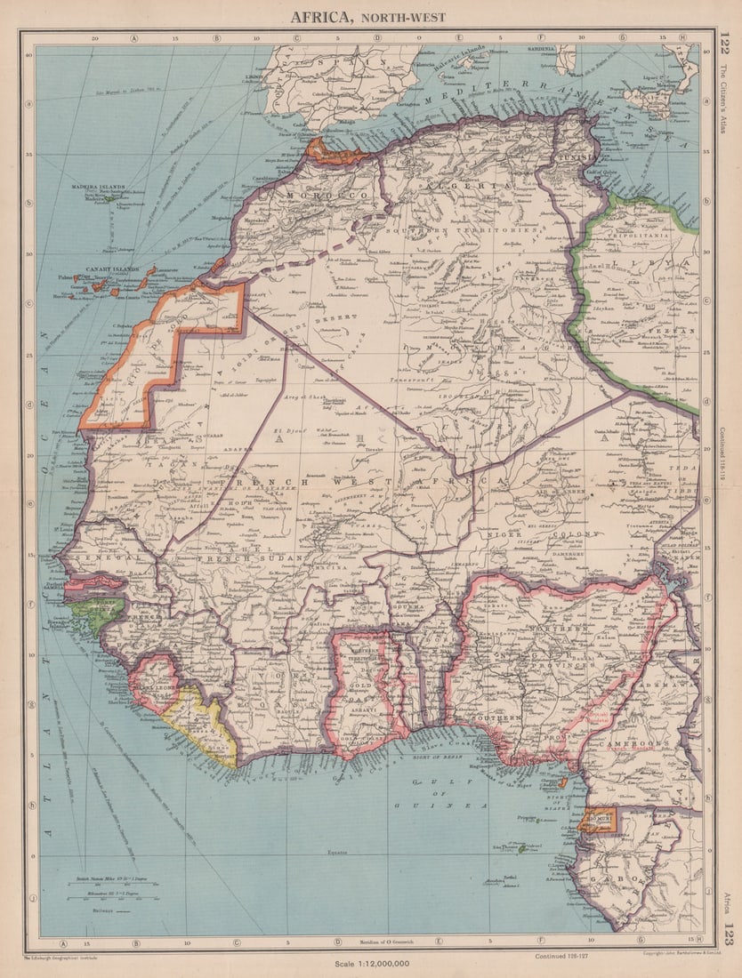 AFRICA. French West Africa. Rio de Oro Rio Muni Nigeria. BARTHOLOMEW 1944 map: Africa, North-West'. This map was printed in an atlas that was published during the Second World War. Many of the maps show the advance of the Axis powers including the domination of Nazi Germany in c