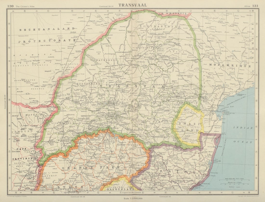 TRANSVAAL. South Africa. Railways. Swaziland Natal. BARTHOLOMEW 1947 old map: Transvaal'. John Bartholomew & Son. Published 1947. Vintage colour atlas map. Size 35 x 46 cm | 14.0 x 18.0 inches. Condition: Good; suitable for framing. Please check the scan for any blemishes prior