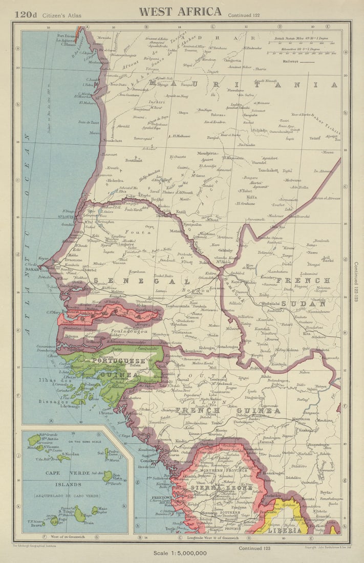 CAP VERT. French/Portuguese Guinea Gambia Senegal Sierra Leone 1947 old map: West Africa'. John Bartholomew & Son. Published 1947. Vintage colour atlas map. Size 35 x 23 cm | 13.5 x 9.0 inches. Condition: Good; suitable for framing. Please check the scan for any blemishes prio