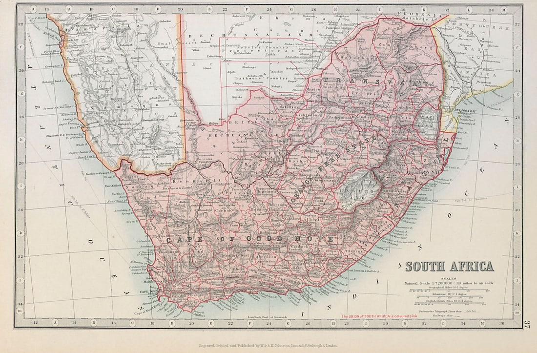 SOUTH AFRICA. Cape of Good Hope Transvaal Orange Free State. JOHNSTON 1915 map: South Africa'. W. & A.K. Johnston, Limited, Edinburgh & London. Published 1915. Antique colour atlas map. Scale 1: 2,500,000. Size 23 x 35 cm | 9.0 x 14.0 inches. Condition: Good; suitable for framing