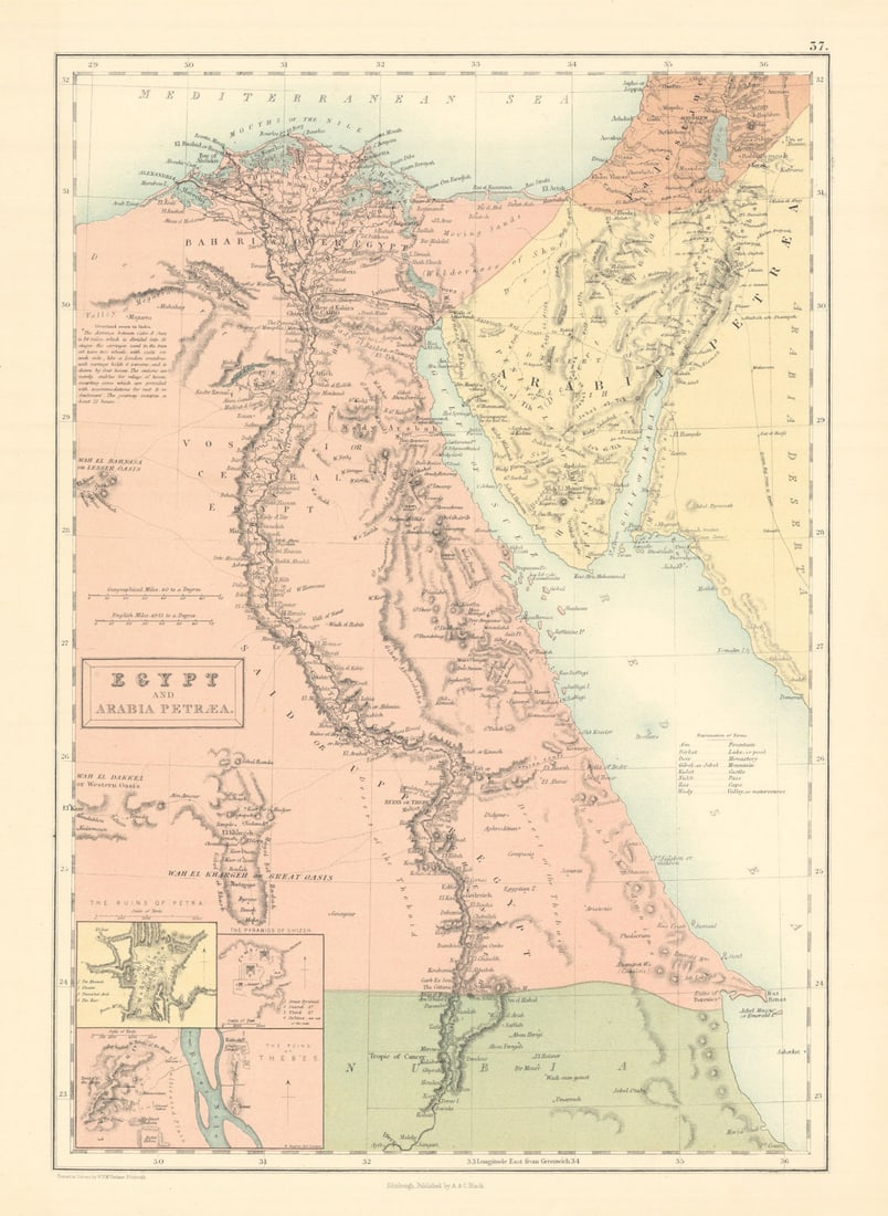 Egypt & Arabia Petraea. Nile Valley Inset Petra Giza Thebes BARTHOLOMEW 1862 map (1 of 1)