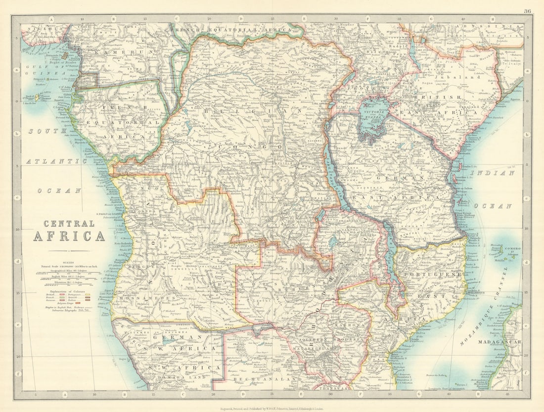 COLONIAL CENTRAL AFRICA. Kenya Tanzania Belgian Congo Angola. JOHNSTON 1913 map: Central Africa'. W. & A.K. Johnston, Limited, Edinburgh & London. Published 1913. Antique colour atlas map. Scale 1: 10,300,000. Size 35 x 46 cm | 14.0 x 18.0 inches. Condition: Good; suitable for