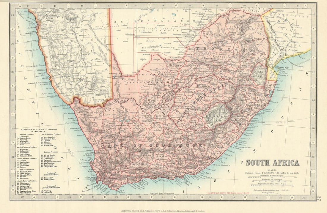 SOUTH AFRICA. Cape of Good Hope. Orange Free State Transavaal. JOHNSTON 1913 map: South Africa'. W. & A.K. Johnston, Limited, Edinburgh & London. Published 1913. Antique colour atlas map. Scale 1: 7,200,000. Size 37 x 22 cm | 14.5 x 8.5 inches. Condition: Good; suitable for framing