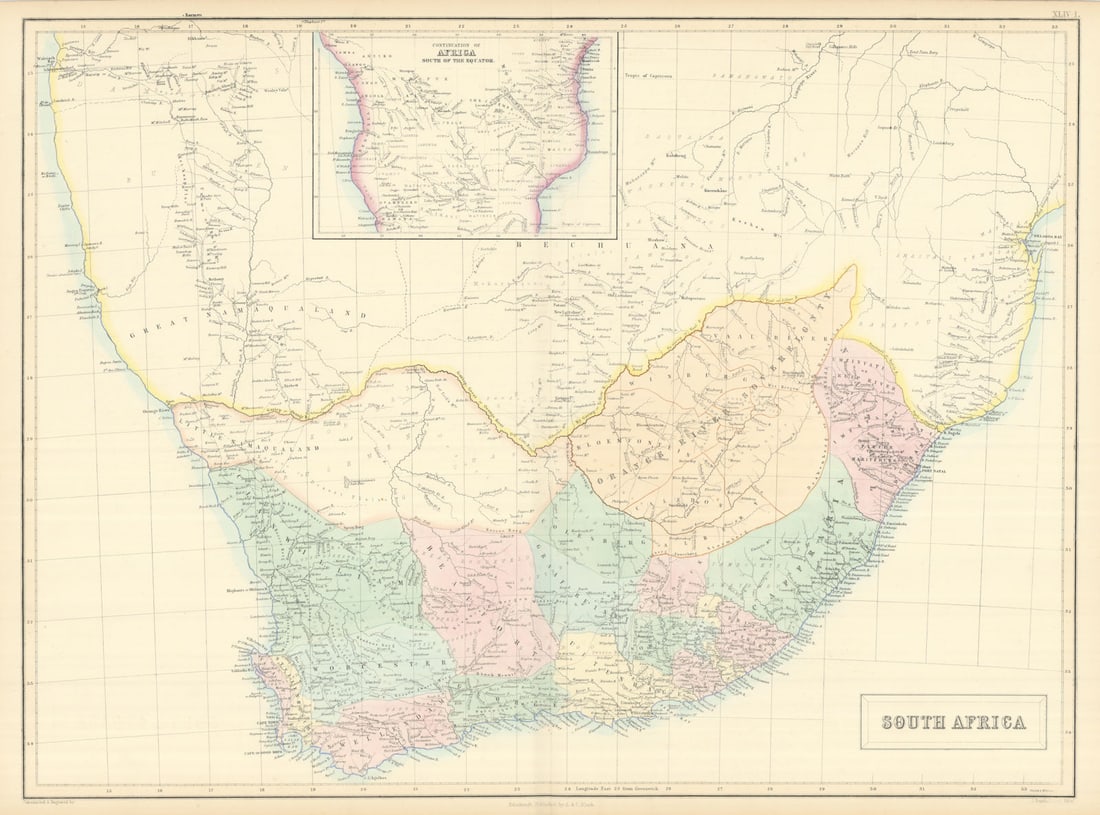 South Africa. Orange River Sovereignty Namaqualand Bechuana SIDNEY HALL 1854 map: South Africa [inset: continuation of Africa south of the Equator] by Hall, Sidney. Published 1854. Antique atlas map with original hand colouring / coloring. Size 44 x 59 cm | 17.0 x 23.0 inches. Cond