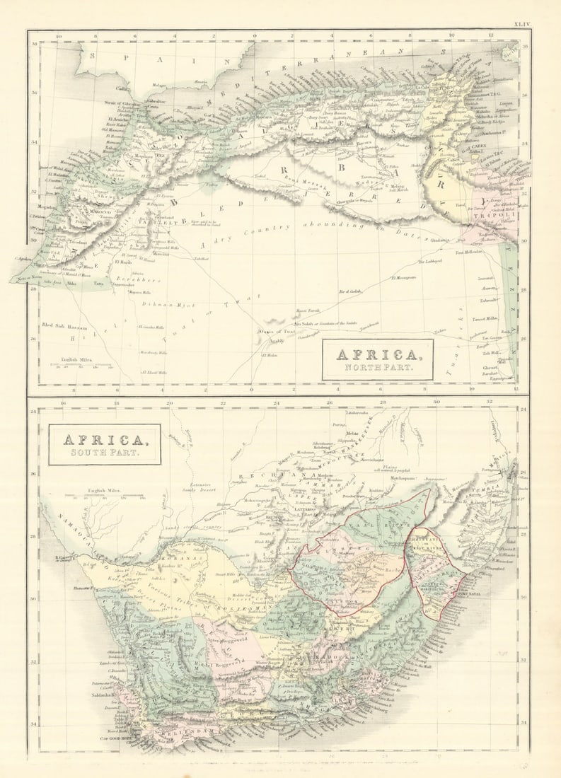 Northern & Southern Africa. Maghreb. Orange River Sovereignty. HALL 1854 map: Africa, north part / Africa, south part' by Hall, Sidney. Published 1854. Antique atlas map with original hand colouring / coloring. Size 42 x 30 cm | 16.5 x 11.5 inches. Condition: Good; suitable for