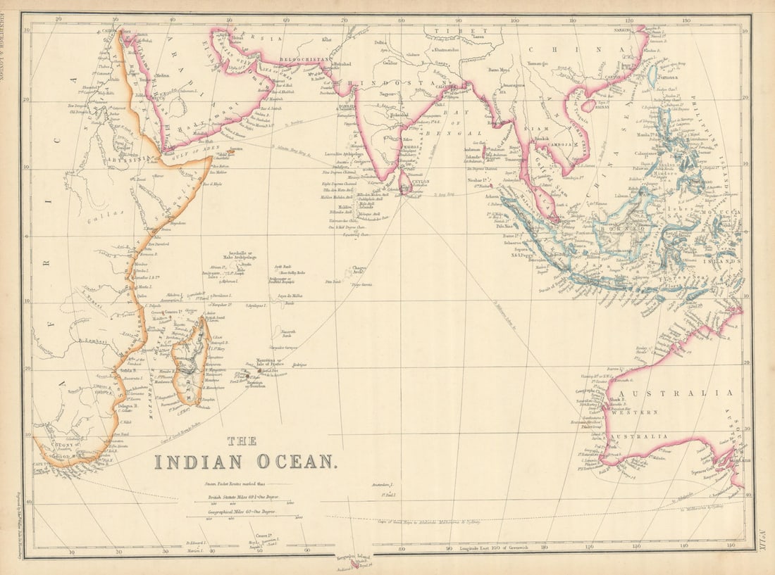 Indian Ocean showing steamer routes to India, China & Australia. WELLER 1860 map (1 of 1)