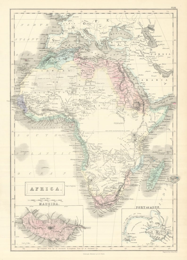 Early colonial Africa. Inset Madeira & Aden. SIDNEY HALL 1854 old antique map: Africa [inset: Madeira, port of Aden] by Hall, Sidney. Published 1854. Antique atlas map with original hand colouring / coloring. Size 41 x 30 cm | 16.0 x 11.5 inches. Condition: Good; suitable for fr