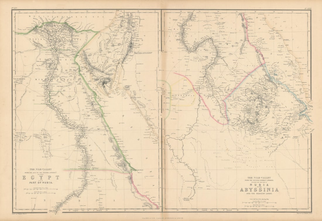 The Nile Valley. Blue & White Niles. Egypt Sudan Ethiopia. HUGHES 1860 old map: The Nile Valley, from the Sea to the Second Cataract, including Egypt, and part of Nubia // the Nile Valley, from the Second Cataract Upwards, including the Chief part of Nubia, with Abyssinia, and th