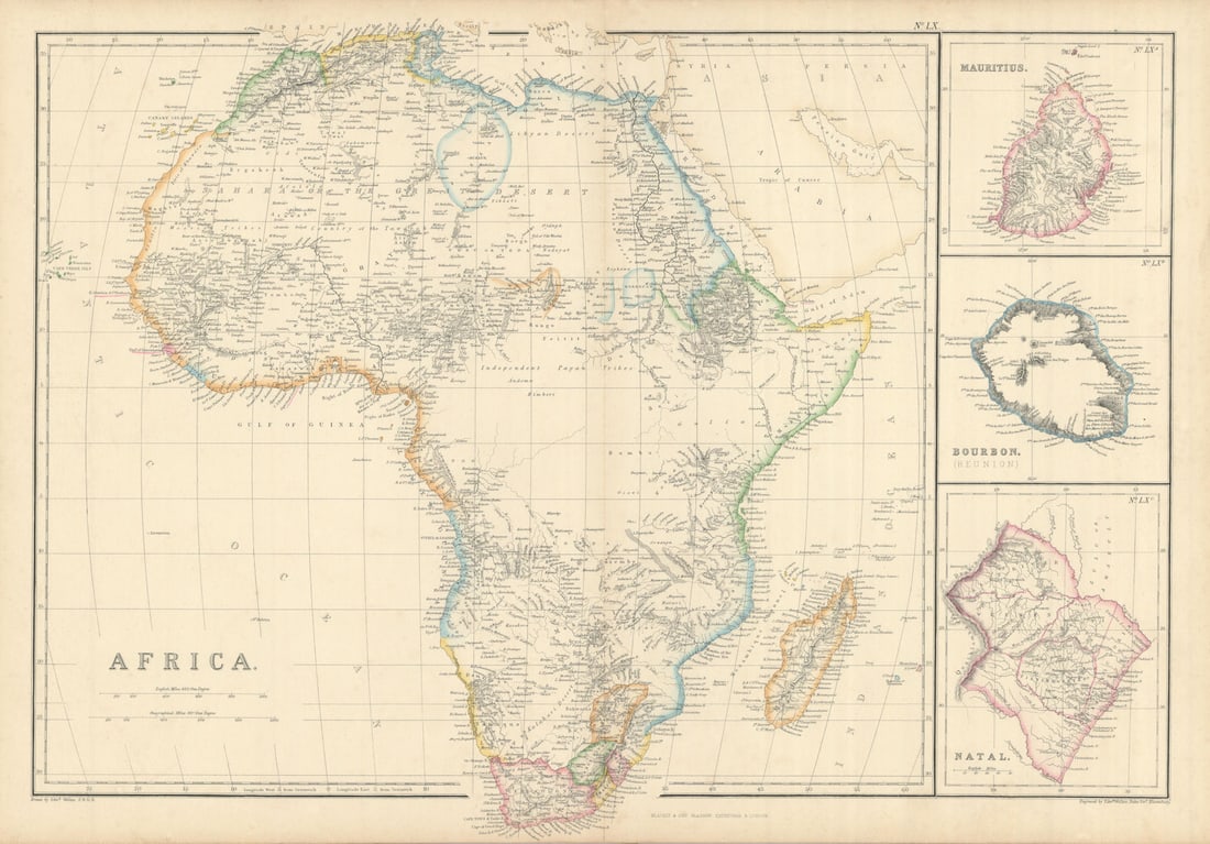 Africa. Mauritius, Bourbon (Reunion) & Natal by Edward Weller 1860 old map: Africa, General Map.// Mauritius // Bourbon (Reunion) // Natal' by Weller, Edward. Published 1860. Antique engraved atlas map with original hand colour/color. Size 37 x 53 cm | 14.5 x 21.0 inches. Con