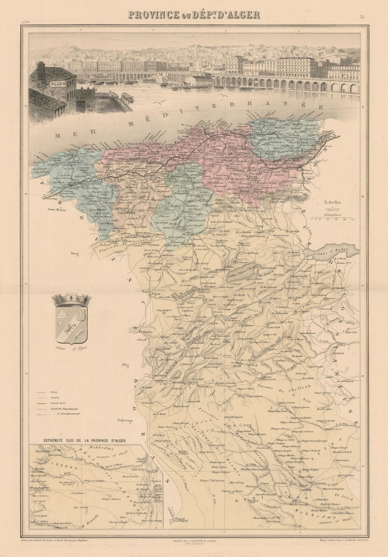 French Algeria. Province d'Alger (Algiers). Vuillemin 1890 old antique map: Province ou Dépt. d'Alger' by Vuillemin, Alexandre. Published 1890. Original antique hand-coloured engraved map. Most of these maps have a decorative title cartouche in varied styles, plus vignet