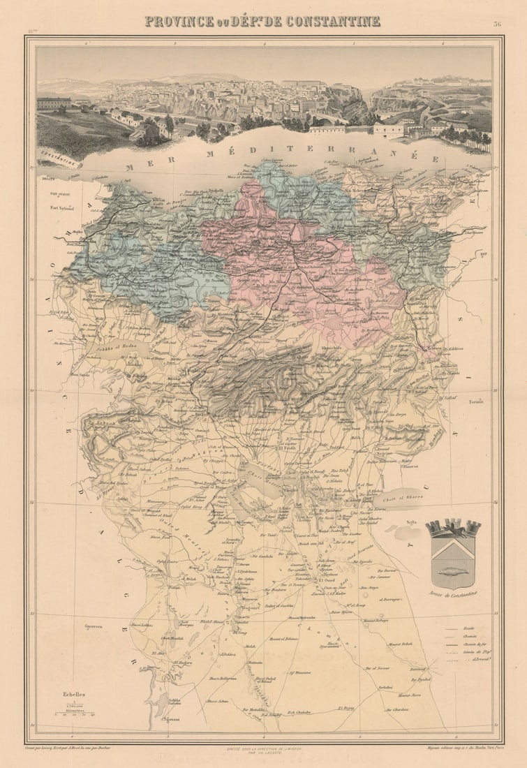 French Algeria. Province de Constantine. Vuillemin. 1890 old antique map: Province ou Dépt. de Constantine' by Vuillemin, Alexandre. Published 1890. Original antique hand-coloured engraved map. Most of these maps have a decorative title cartouche in varied styles, plus