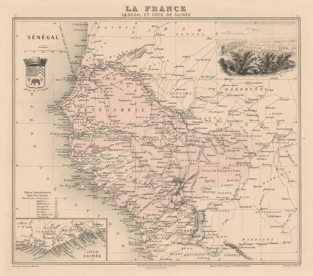 Sénégal & Côte de Guinée. Senegal Guinea. French West Africa. Vuillemin 1890 map: Sénégal et Côte de Guinée' by Vuillemin, Alexandre. Published 1890. Original antique hand-coloured engraved map. Most of these maps have a decorative title cartouche in varied styl