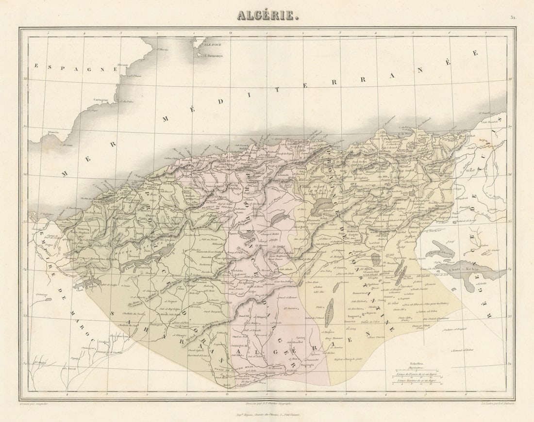 Algerie by Migeon. Algeria 1861 old antique vintage map plan chart: Algerie' by Migeon, J.. Published 1861. Antique hand coloured atlas map. Size 35 x 47 cm | 14.0 x 18.5 inches. Condition: Good; suitable for framing. Please check the scan for any blemishes prior to m