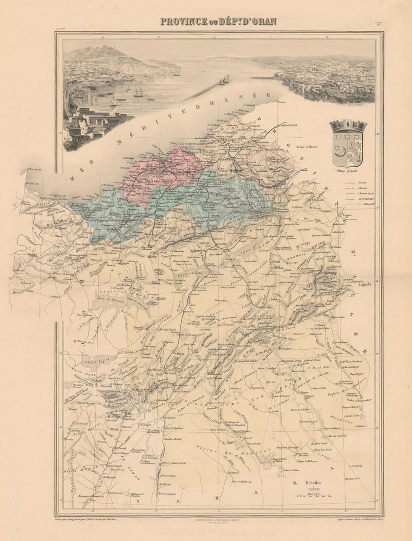 French Algeria. Province de Oran. Vuillemin. 1890 old antique map plan chart: Province ou Dépt. d'Oran' by Vuillemin, Alexandre. Published 1890. Original antique hand-coloured engraved map. Most of these maps have a decorative title cartouche in varied styles, plus vignett