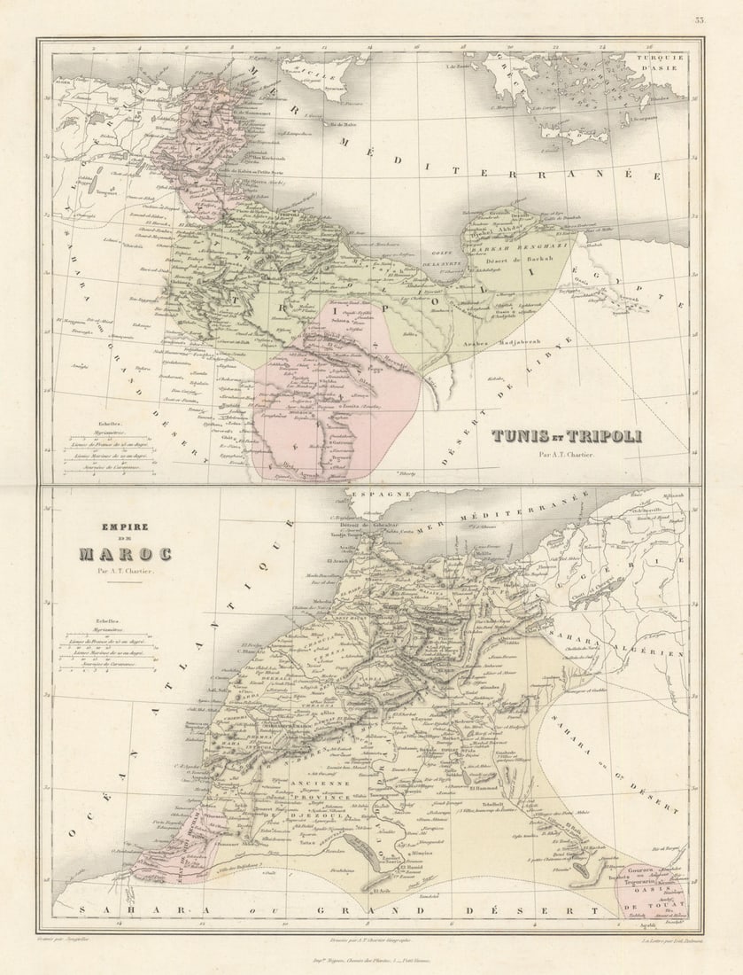 Tunis & Tripoli // Empire du Maroc by Migeon. Tunisia Libya Morocco 1861 map: Tunis et Tripoli // Empire du Maroc' by Migeon, J.. Published 1861. Antique hand coloured atlas map. Size 35 x 47 cm | 14.0 x 18.5 inches. Condition: Good; suitable for framing. Please check the scan