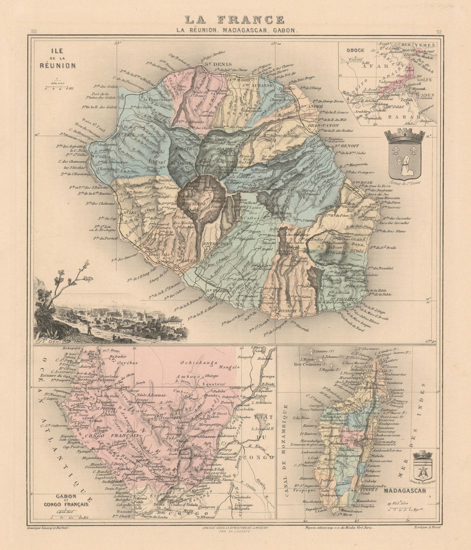 La Réunion, Madagascar, Gabon & French Congo Français. Vuillemin 1890 old map: La Réunion, Madagascar, Gabon' by Vuillemin, Alexandre. Published 1890. Original antique hand-coloured engraved map. Most of these maps have a decorative title cartouche in varied styles, plus vi